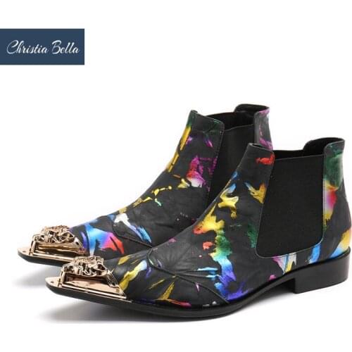Christia Bella Fashion Colorful Print Men Party Ankle Boots Pointed Toe Chelsea Boots Nightclub Dress Shoe Motorcycle Short Boot