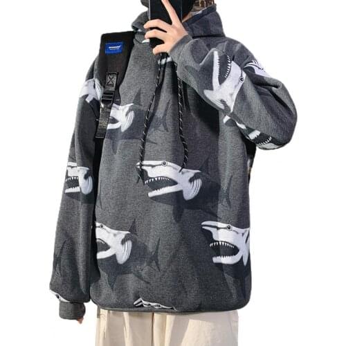 Hooded plus velvet printed Shark Hoodies Pullover mens spring autumn 2020 hip hop Streetwear Males sweatshirt loose top coat