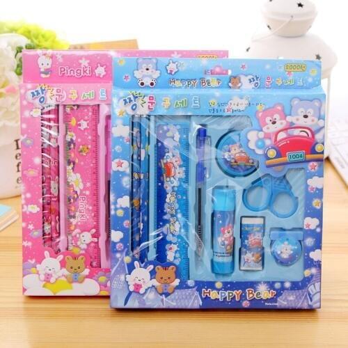 10sets Kawaii Stationery Set Cute Cartoon Rabbit 9 In 1 Stationeries Pencils and Pen Ruler Set for Kids School Gift Student Kpop