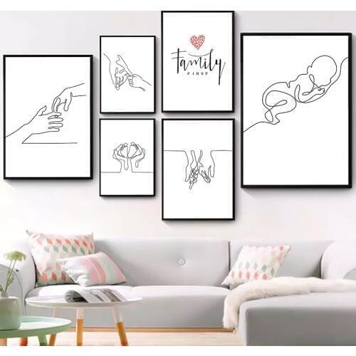 Wall Art Happy Family Canvas Painting Art Hand Drawn Lines Love Baby Nordic Posters For Kids' Nursery Room Decor Wall Art Mural