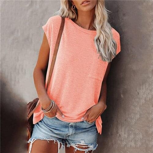 Solid Tops Tee Shirts Women Pocket T-shirt 2021 Summer Casual O-neck Loose T Shirt Short Sleeve Female Soft Tops Mujer Camisetas