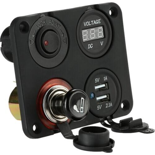 Four Hole Panel Base + Dual USB + Voltmeter + Cigarette Lighter + ON-OFF Button Switch for Car Truck Motorcycle Boat ATV
