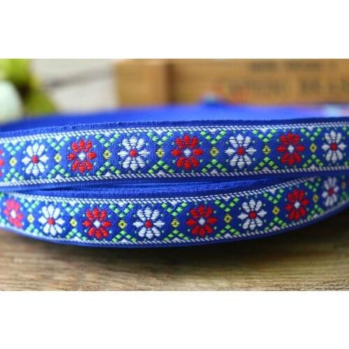 Wide 2cm 10yards/lot Polyester Woven Jacquard Ribbon blue background flowers for curtain and clothing accessory LS-2355
