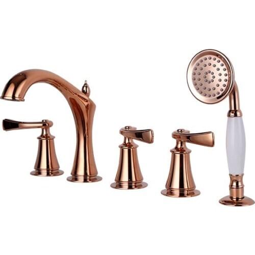 Rose gold Brass Bathtub faucet bathroom Shower faucet five holes Cold and hot water mixer tap with handheld shower head