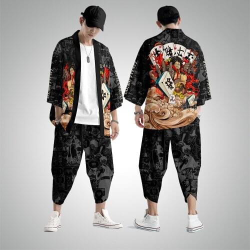 Summer Cartoon Printed Traditional Clothing Kimono Pants Men Retro Yukata Asian Fashion Tang Suit Harajuku Hanfu Yukata Jacket