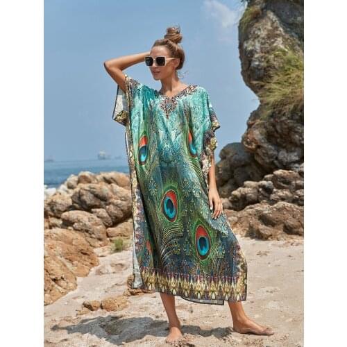 Peacock Feather Pattern Satin Maxi Dress Luxury Kaftan For Women Slik Like Soft Elegant Long Abaya Arabic Style PartyWear Nighty
