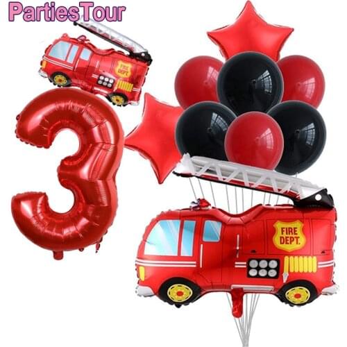 15pcs Fire Truck Foil Balloons Mini Firefighter Truck Foil Balloons 1 2 3 4 5 6 7 8 9 Years Birthday Party Decor Fireman Ballon