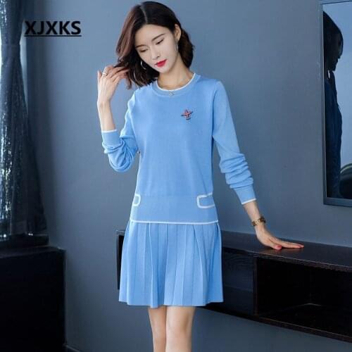 XJXKS 2020 spring new sweater women two-piece set comfortable wool knit top + elastic waist mini skirt