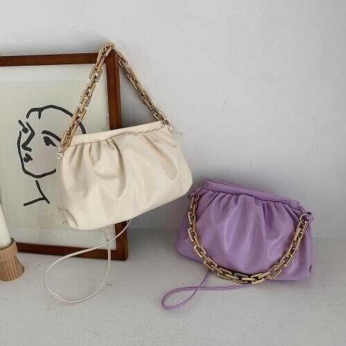 Fashion Women PU Leather Pleated Shoulder Crossbody Bags Casual Solid Color Chain Handbags Female Daily Shoulder Messenger Bags