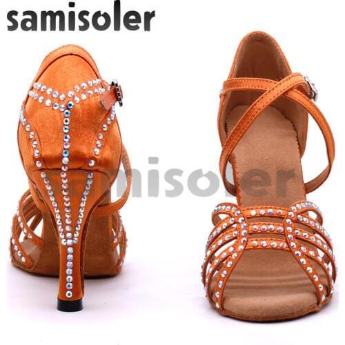 Samisoler Latin Dance Shoes Women NEW Bronze Slik Satin Shining Rhinestone Cuba high heel 10cm Salsa Ballroom dancing shoes