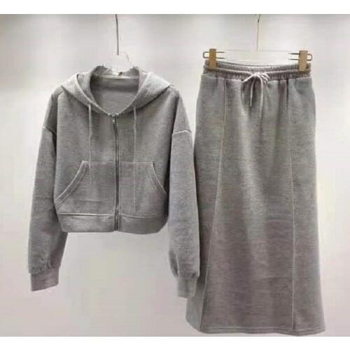 Hooded Sweatshirt Sets 2021 Autumn Winter 2 Piece Casual Tracksuit Women Long Sleeve Zipper Coat+Grey Coffee Black Long Skirt