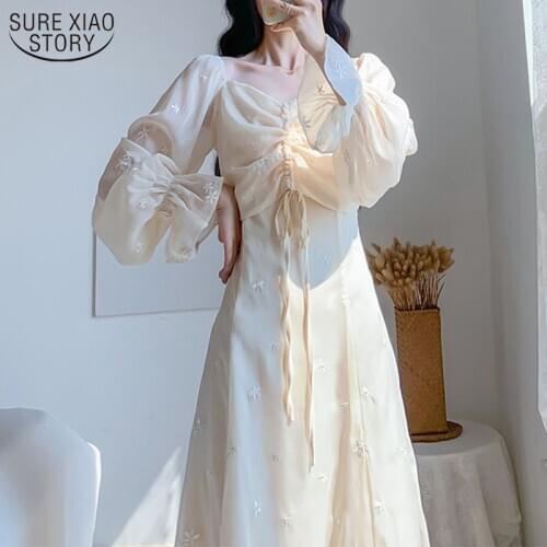 Korean Retro Gentle Women Long Dress Flare Long Sleeve Embroidery Dress White Square Collar High Waist Mid-length Dress 12912