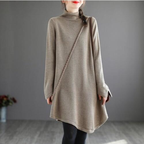 Women Loose Autumn Winter Irregular Length Dress Ladies Solid Color Loose Dress Female Knitted Dress Knitwear