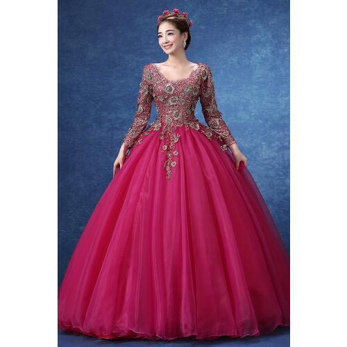 100%real embroidery beading hot pink ball gown medieval dress Renaissance Gown queen Victoria/Antoinette/ball gown/Belle Ball