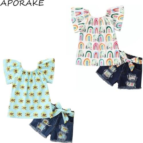 2021 1-6Y Fashion Kids Baby Girl Clothes Set Rainbow/Sunflower Print Short Sleeve T-shirt Top+Patch Denim Shorts Summer 2pcs