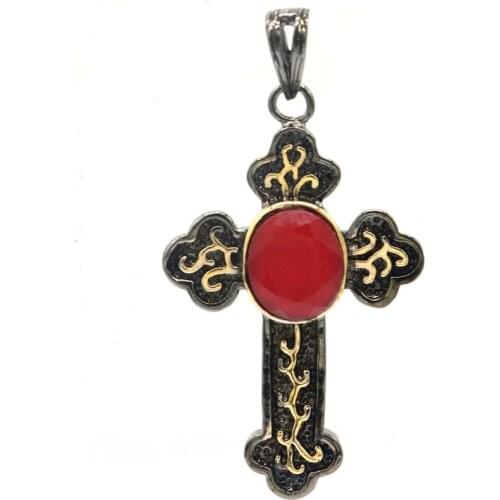 63x34mm Punk Long Cross 16g Vintage Real Red Ruby For Man Street Jewelry Black Gold Silver Pendant Eye Catching