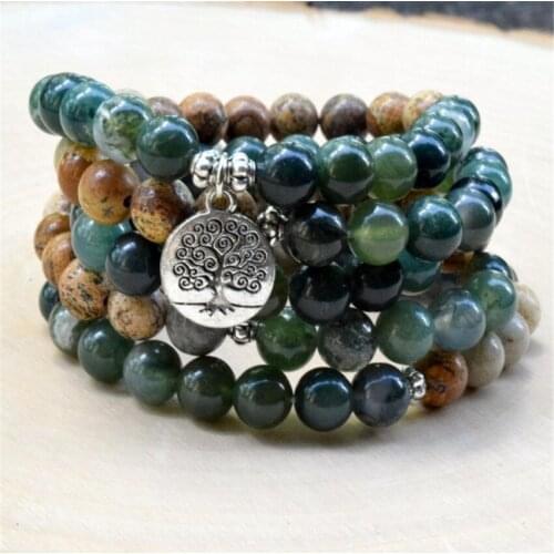 8mm Indian Agate Picture stone 108 Beads Mala Bracelet Meditation Yoga Spirituality Retro Handmade Religious Buddhism