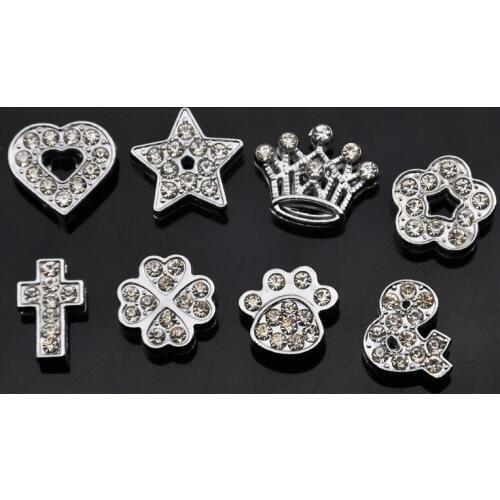 8PCS 10mm Alloy Rhinestone Heart Crown Star Flower Slide Charms Slide Beads DIY 10mm Bracelets Wristbands Pet Collar Belt Straps