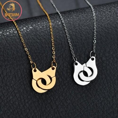 Akizoom Punk Custom Letter Stainless Steel Handcuff Necklace Steel Color Simple Chain Lovers Pendant for Women Party Gift
