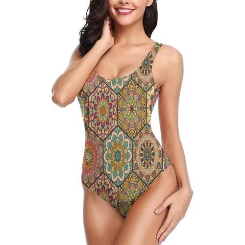 One-Piece Bathing Suits Sexy Swimsuits Teen Swimwear For Women Teen Girls Bohemian Hexagon Orange Flowers