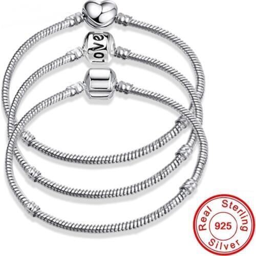New Fine 16-20cm Solid 925 Silver Snake Chain Bracelet Fit Original Charm Bracelet Bangle for Women DIY Jewelry Making