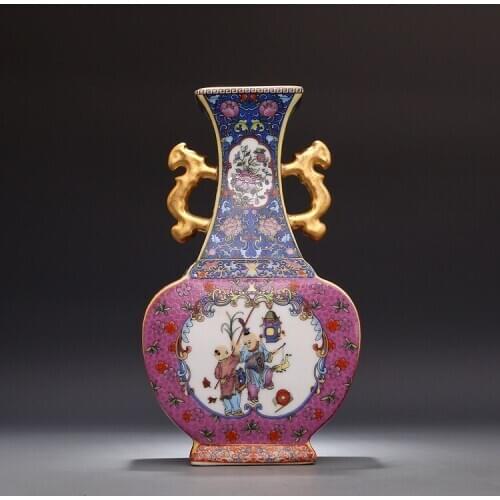 Jingdezhen Ceramic Qing Yong Zheng Year Antique china porcelain Double Eeared Enameled Gilt Square Flat Vase