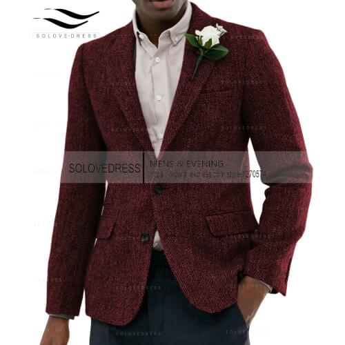 Mens Suit Jacket Tweed Formal Herringbone Lapel Notch Wool Tuxedos Blazer Slim Fit Winter Coat Wedding Grooms(Only Jacket)