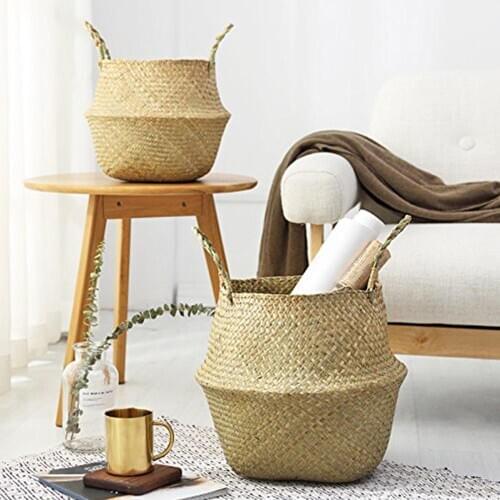 Household Storage Foldable Natural Seagrass Woven Storage Basket Pot Garden Flower Vase Hanging Wicker Basket Bellied Baskets