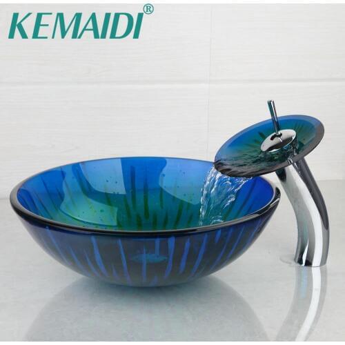 KEMAIDI Hand Made Sink Glass Basin Vessel Sink Contemporary Style Washbasin Faucet Set Round Style With Pop Up Drain