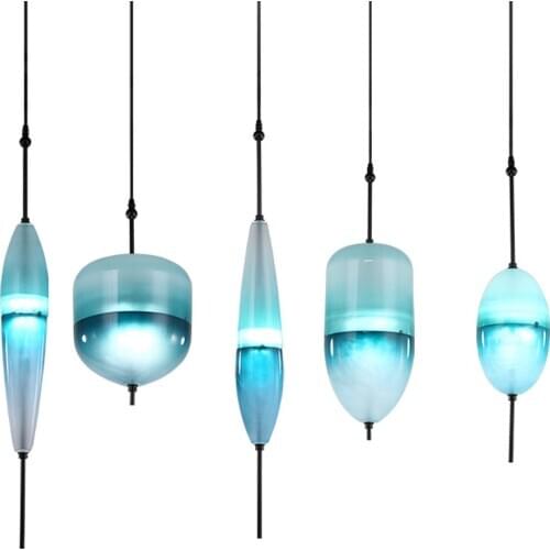 Creative personality designer lake blue gradient pendant lamp Nordic minimalist bar pendant light glass retro glass hanging lamp