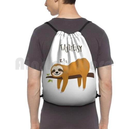Sweet Napping Sloth " Take It Easy " Backpack Drawstring Bag Riding Climbing Gym Bag Sloth Yoga Lotus Pose Slow Down Relax