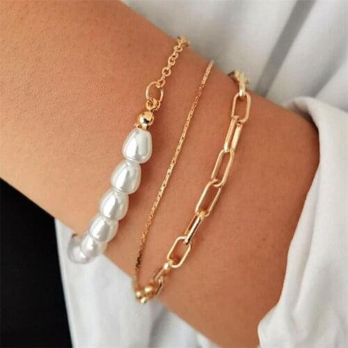 3 Pcs/Set Simple Bracelets Set Women Beach Charm Pearl Beaded Gold Color Chain Bracelet Bohemian Party Jewelry Lover Gift