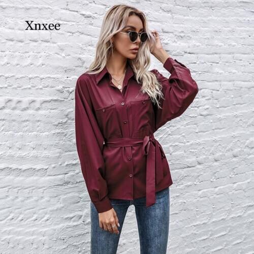 Spring New Solid Color Womens Shirt Casual Turn Down Collar Long Sleeve Single Breasted Blouse Office Lady Fashion Sashes Shirt