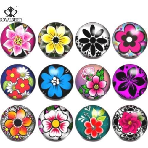 ROYALBEIER 12pcs/lot Mixed Printed Flower Pattern Round Snap Buttons 18/20mm Necklaces Bracelet Boys Girls Birthday Gift KZa002