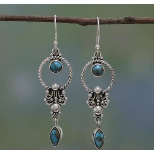 Retro Thai-silver Earrings Ethnic Boho Earrings Antique Silver Color Oval Created Gemstone Drop Dangle Earrings for Women Party