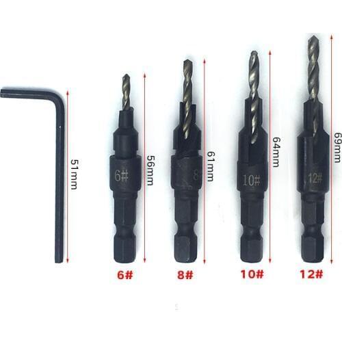 Woodworking Hole Countersunk Head Drill HSS 1/4 Hex Shank Countersunk Drill Bit Tapper Tool Countersunk Head Carpenter Drill Set