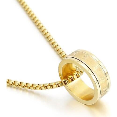 Stainless Steel Vintage Gold Rotatable Buddhism Religious Circle Pendant Necklace Jewelry Gift For Him with Chain