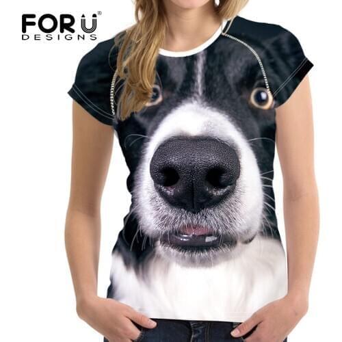 FORUDESIGNS Harajuku Kawaii Dog Border Collie Print Women Summer T Shirts Breathable O Neck Short Sleeve Top Tee Casual T-shirts
