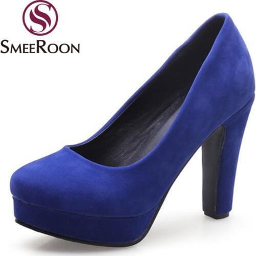 Smeeroon simple concise wedding shoes engagement elegant round toe womens pumps high thick heels woman shoes platform big size