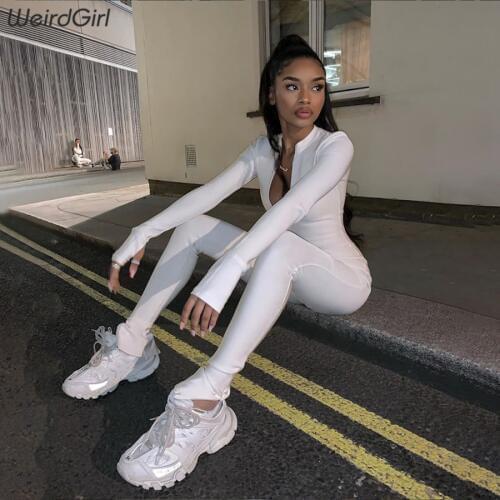 Weirdgirl women autumn zipper jumpsuit sexy fashion fitness long sleeve v-neck skinny bodycon female rompers long stracksuit