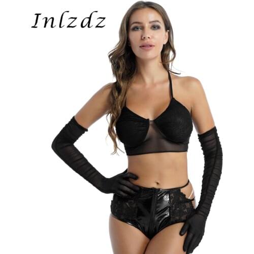 Womens See-through Mesh Rave Crop Top for Pole Dancing Fashion Halter Lace-up Vest V Neck Backless Camisole with Ruched Gloves