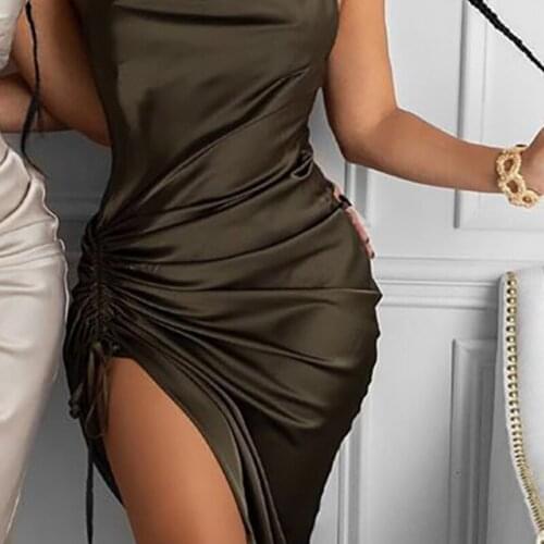 Fashion Women Sexy Ruched Drawstring Satin Sleeveless Bodycon Spaghetti Strap Dress Chic Solid Side Slit Evening Club Wear Robes