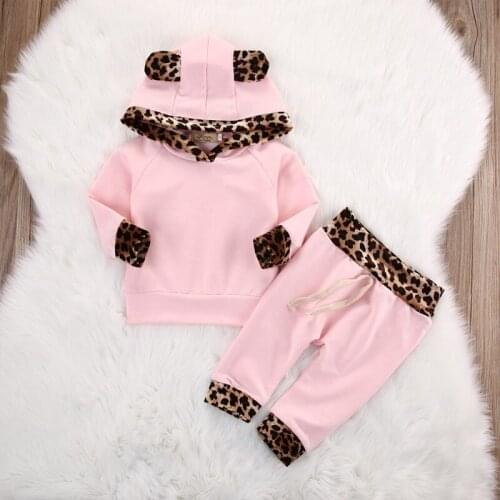 0-2Yrs Baby Girls Leopard Set Hooded T-Shirts Tops Pants 2Pcs Spring Autumn Infant Kids Clothing Suits