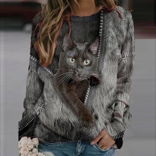 5xl Cat Womens Tops And Blouses Plus Size Fashion Casual Long Sleeve Shirt Printed O-neck Women Tops And Bloues Женские Блузки