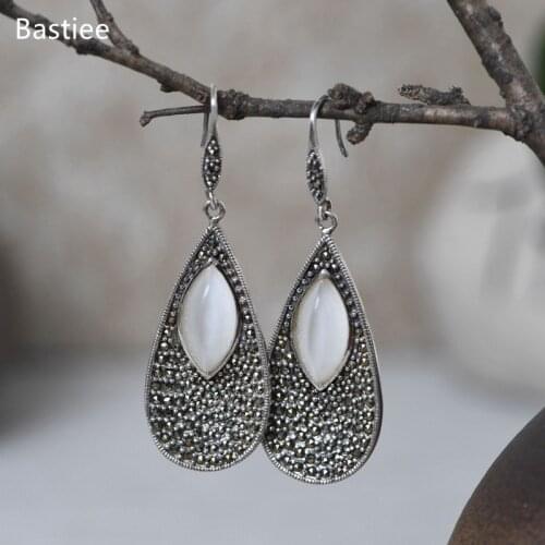 Bastiee Zircon Ethnic Jewelry For Women Silver 925 Jewelry Inlaid Jade Jewelry Dangle Earrings Korean Earrings Long Earrings