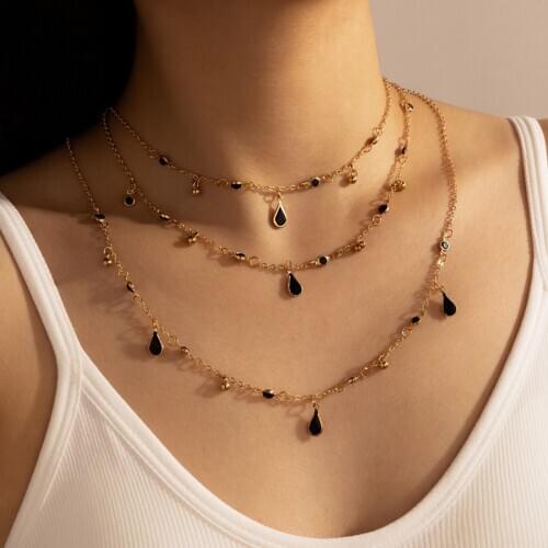 Tocona Bohemian Water Drop Black Crystal Stone Pendant Necklace for Women Multilayer Sweater Chain Party Jewelry Collar 9909