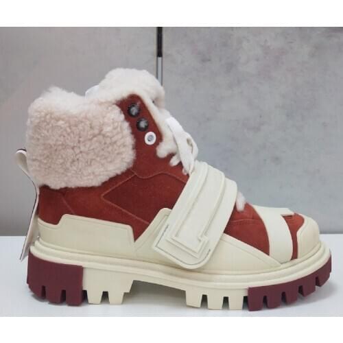 Woman Shoes Leather Fur Mixed Color Ankle Boots Casual Platform Boots Women Lace Up Patchwork Winter Shoes Ladies Botas Mujer