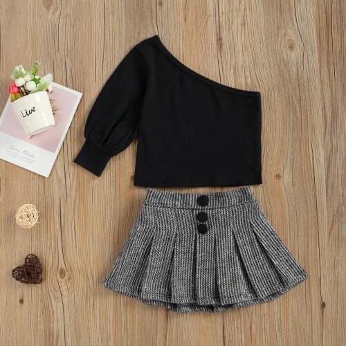 Toddler Baby Girl 2PCS Fashion Skirt Suits Infant Casual Oblique Shoulder Tops T-Shirt Pleated Skirt Outfits Clothes Kids Set