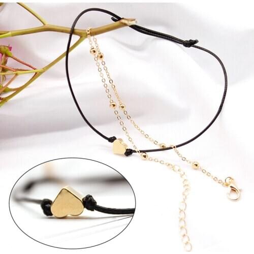 Double Layer Ankle Chain Heart Pendant Black Leather Rope Anklet Summer Fashion Foot Jewelry Bracelet On The Leg Anklets