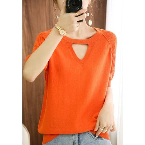 T-shirt women 2021 new pure cotton knitwear casual round neck sweater short sleeve Womens blouse tops plus size pullover tees